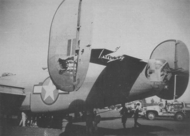 Damaged empennage bomber B-24 "Daisy Mae» (Consolidated B-24D-CO Liberator «Daisy Mae», serial number 41-11815) 415 Squadron of the 98th Bomb Group after the American raid on Ploesti [U.S. Air Force / Public Domain]