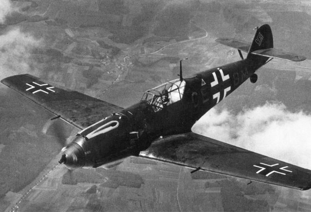 A Bf-109 E in 1940. These were developed before the Defiant, and were their main foes. As the range of German fighters increased, Defiants became increasingly vulnerable while attacking German bombers. Source: wiki/ public domain.