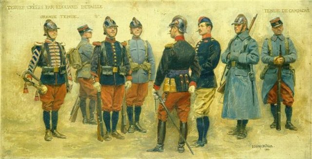 Test uniforms created in 1912 by Edouard Detaille for the line infantry, with red trousers still very apparent. Wikipedia / Public Domain