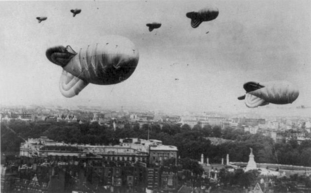 Barrage Balloons over Central London in WW2. Wikipedia / Public Domain 