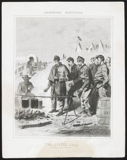 Men of the Army of the Potomac line up for Coffee in this picture from 1863 . Library of Congree / No known restrictions