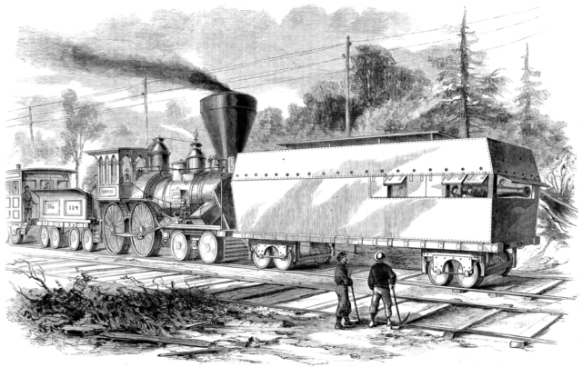 A 1861 "Railroad battery" used to protect workers during the American Civil War. By Sketch by William C. Russell, engraver unknown, for Frank Leslie's Illustrated Newspaper - Frank Leslie's Illustrated Newspaper. Page 9, May 18, 1861, No. 287--Vol. XII. From digital scan at http://archive.org/details/franklesliesilluv1112lesl, Public Domain, https://commons.wikimedia.org/w/index.php?curid=20572199