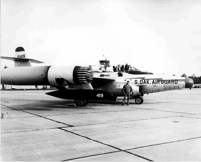 F-89D loaded with rockets. 114th Fighter Interceptor Group, headquartered at Sioux Falls, in 1958 (Wikipedia / Public Domain)