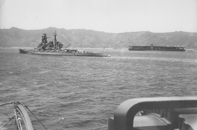 Imperial Japanese Navy battleship Kirishima (foreground) and aircraft carrier Akagi (background), 1939.