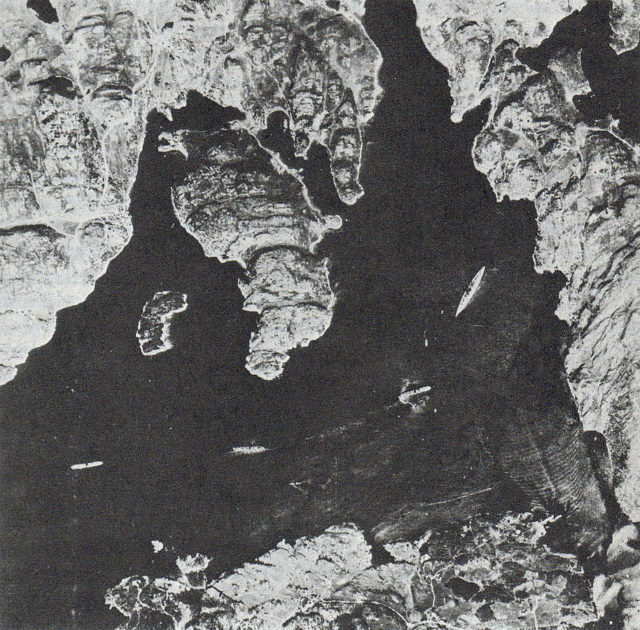 Aerial reconnaissance photo taken by Flying Officer Michael Suckling shows Bismarck anchored in Norway (Wikipedia / Public Domain)