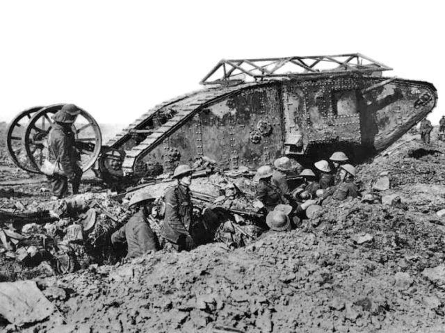 An early model British Mark I "male" tank, named C-15, near Thiepval, 25 September 1916. The tank is probably in reserve for the Battle of Thiepval Ridge which began on 26 September. The tank is fitted with the wire "grenade shield" and steering tail, both features discarded in the next models (Public Domain / Wikipedia)