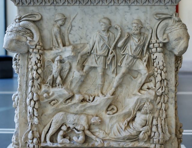 Romulus and Remus, the Lupercal, Father Tiber, and the Palatine on a relief from a pedestal dating to the reign of Trajan (AD 98–117) Wikipedia / Public domain