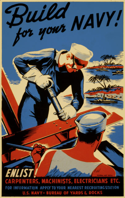 A recruiment poster for the US Navy Construction Battalions (CB, or SeaBees) Image Source: Wikimedia Commons/public domain.