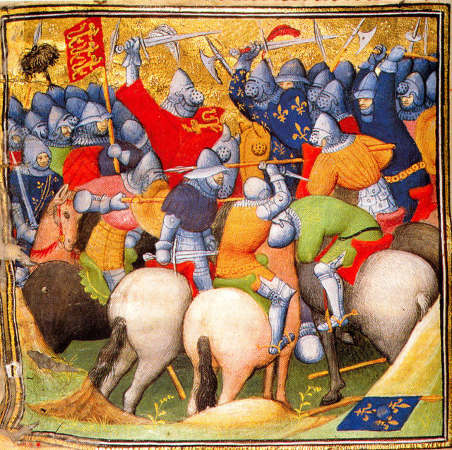 English and French knights in combat at Crecy, 1346. Illustration created around 1415. Wikipedia / Public Domain