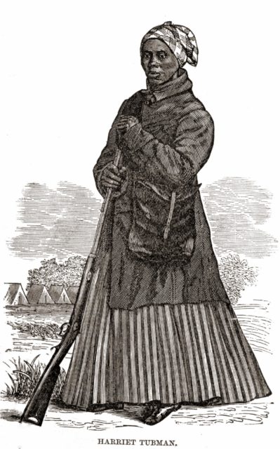 Harriet Tubman woodcut showing her at the time of the Civil War in what she would have worn while scouting.