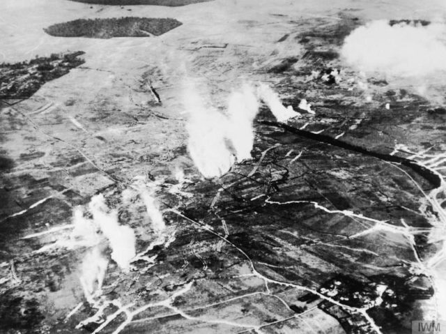 Aerial photograph of a British gas attack in progress between Carnoy and Montauban in June 1916, shortly before the Somme offensive. Montauban, then still in German hands, is at the top left of the picture and Carnoy, behind British lines, is at the bottom right. © IWM (Q 55066)