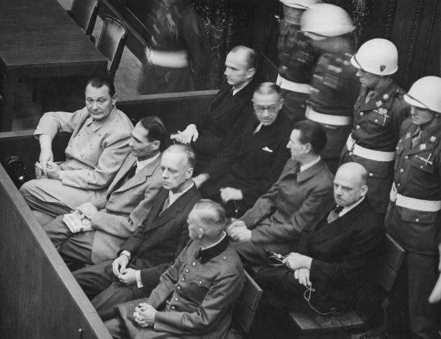 Nazi war criminals at the Nuremberg Trials after the War. Hermann Goering is at the Left of the Photograph. Wikipedia / Public Domain