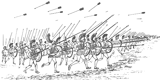 A Greek phalanx charging into battle, as peltasts throw spears over the heads of the hoplites.