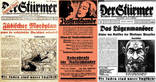 Some of The Sturmer front pages, all depicting different kinds of anti-Semitic messages, such as Jews extracting blood from Christian children for use in religious rituals, Jews seducing German women and Jews-Bolsheviks; By Source (WP:NFCC#4), Fair use, https://en.wikipedia.org/w/index.php?curid=35044019