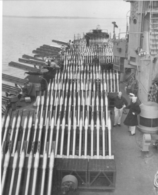 Rocket launchers onboard a US Navy Landing Ship Medium (rocket). Barb had just one of these launchers, and 72 rockets onboard. Image source: Wikimedia Commons/ public domain.