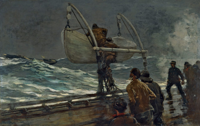 Winslow Homer's painting "The Signal of Distress" is a good demonstration of launching a lifeboat in rough seas. Even without a sinking ship it can be a dangerous operation, and the thought of being smashed against the hull terrified one English sailor from the Wellington. Image Source: Wikimedia Commons/ Public Domain.