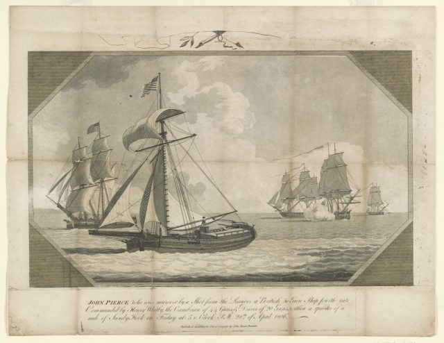 An illustration of the death of John Pearce, an American seaman who was killed by HMS Leander in 1806. Image source: Library of Congress/ public domain