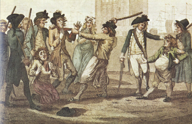 A caricature of a press gange from 1780. Even the English didn't much care for the press, but it was often considered a normal hazard for seamen. Image source: Wikimedia Commons/ public domain