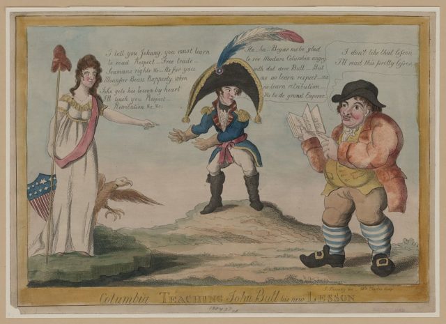 Columbia Teaching John Bull a New Lesson. This political cartoon from 1812 shows the American reaction to the imrpessment of Americans: they needed to teach the English a lesson they wouldn't forget. Image source: Library of Congress/ public domain