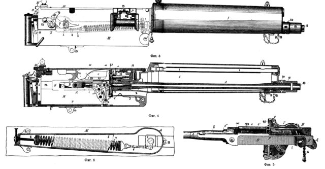 Drawings of the Maxim Gun. The British Expeditionary Forces were armed with Maxim guns during 1914. The Vickers gun , which was invented in 1912, was deemed too expensive for the army at the time. Image Source: Wikimedia Commons/ public domain