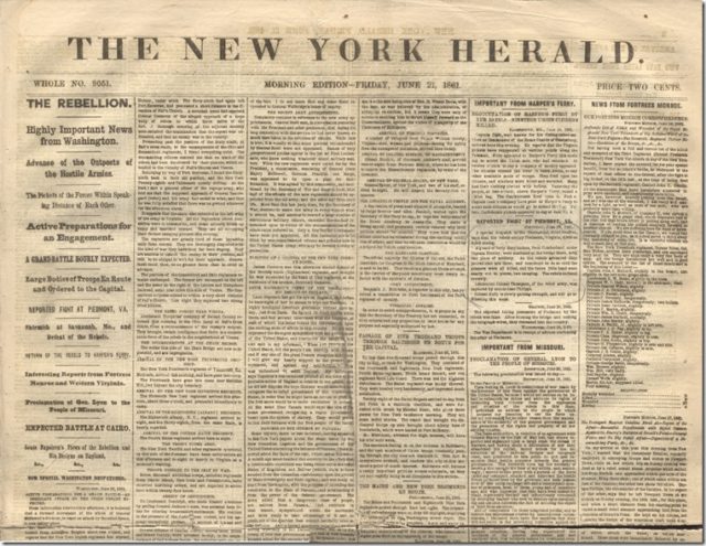 The front page of the New York Herald in June of 1861, offering Civil War coverage to the Union. Photo Source.