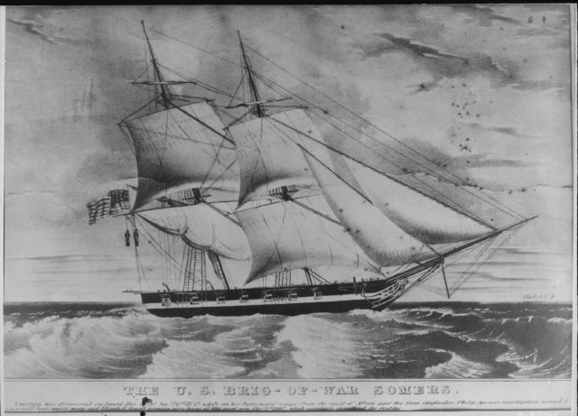 The English weren't the only ones to hang by the yardarm, this American ship, the Somerset, is shown with two offenders hanging off of her mainmast in 1842. Image Source: Wikimedia Commons/public domain
