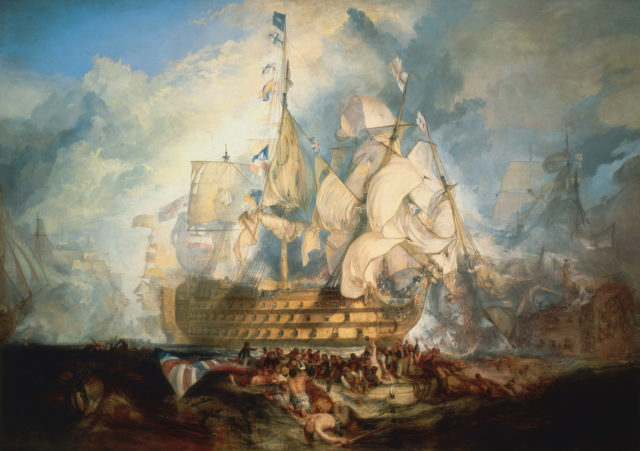 A dramatized view of Nelson's flagship, HMS Victory, a 104 gun 1st rate, during the battle of Trafalgar. Image source: Wikimedia Commons/ public domain