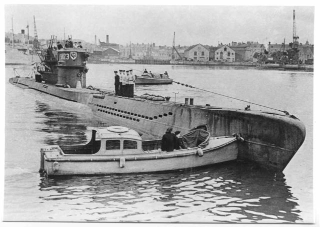 U-1023 in Plymouth after being captured. She was the same type as U-223, which sank the Dorchester. Image Source: Wikimedia Commons/ public domain