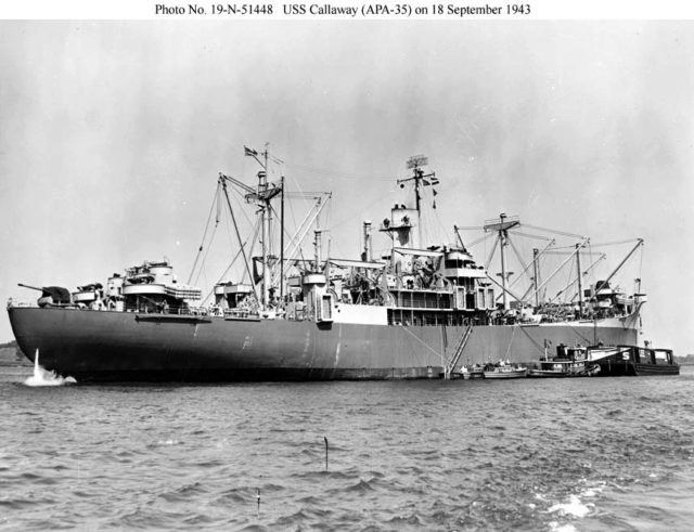 USS Callaway, she was one of the only Coast Guard manned ships during the invasion of Lingayen Gulf. Image Source: Wikimedia Commons/ Public Domain