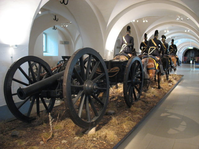 A lifesize model of a Swedish 1850s horse artillery team towing a light artillery piece, in the Swedish Army Museum, Stockholm. Photo Credit.