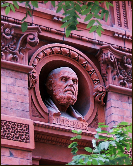 Bust of Hippocrates seen in the decoration at Stuyvesant Polyclinic, Manhattan, New York City