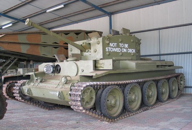 A Cromwell Mk. 1 displayed at the Royal Australian Armoured Corps Tank Museum, Puckapunyal, Australia (2007). The white writing on the turret is to inform cargo handlers that it is not to be transported by sea as deck cargo; Photo Source
