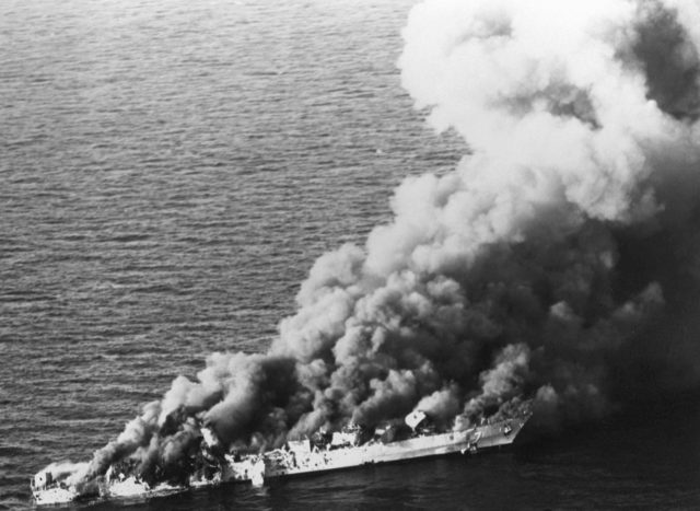 The IRS Sahand on fire after being hit by the US Navy Photo Credit