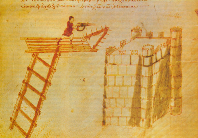 Use of a cheirosiphōn ("hand-siphōn"), a portable flamethrower, used from atop a flying bridge against a castle. Illumination from the Poliorcetica of Hero of Byzantium.