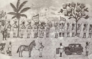 An African cartoonist depicts Lettow-Vorbeck's eventual forced surrender at the hands of the British, due to the end of World War I.