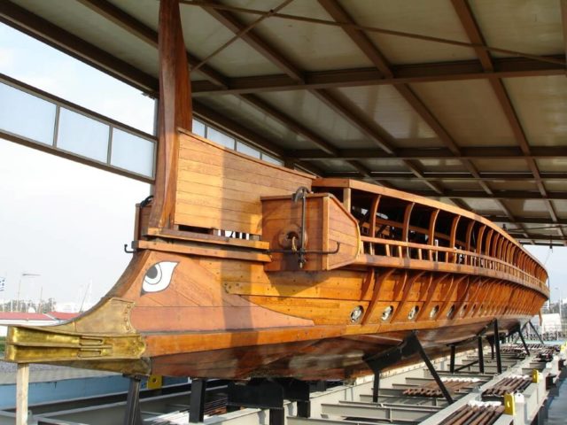 The ram bow of the trireme Olympias, a modern full-scale reconstruction of a classical Greek trireme. Photo Credit