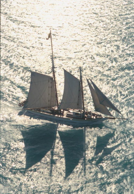 The schooner Western Union under full sail, she was the first to attack a federal vessel, which started the tradition of an annual mock battle. 
