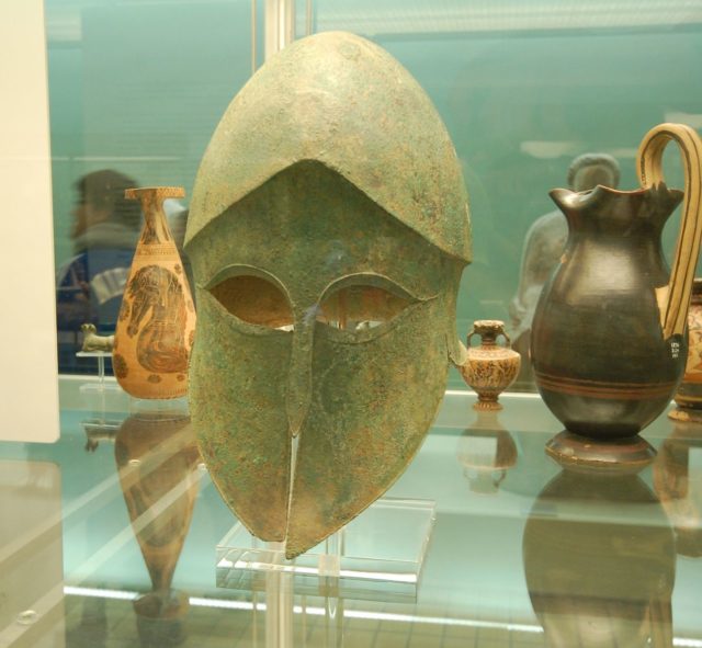 Spartan helmet, from Sparta, now in modern Greece. Exhibited at the British Museum. Photo Credit
