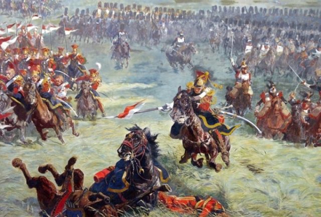 2nd Guard Lancers with the Grenadiers à Cheval in support detail from Louis Dumoulin's Panorama of the Battle of Waterloo.
