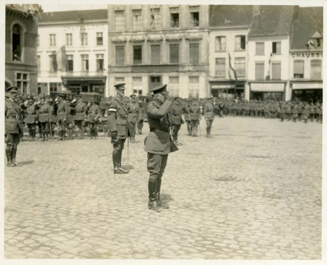 Duke of Connaught saluting New Zealand troops after the Battle of Messines. Official First World War photographer, Henry Armytage Sanders, took this photograph on 26 June 1917.