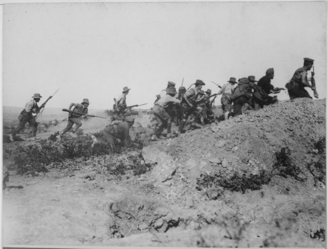 Australian troops charging an Ottoman trench, just before the evacuation at Anzac.
