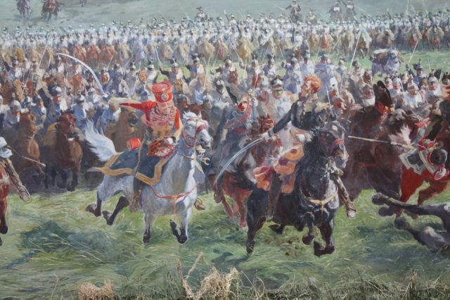 Marshal Ney leading the French cavalry charge, detail from Louis Dumoulin's Panorama of the Battle of Waterloo.