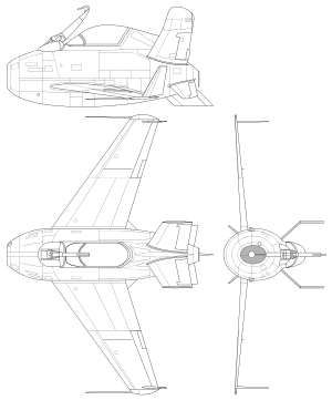 Three-view image of XF-85 Goblin;