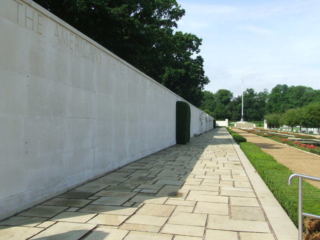 Wall Of The Missing at Cambridge American Cemetery in Madingly, England. Photo Credit