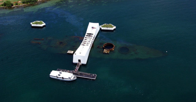 An aerial view of the USS Arizona Memorial