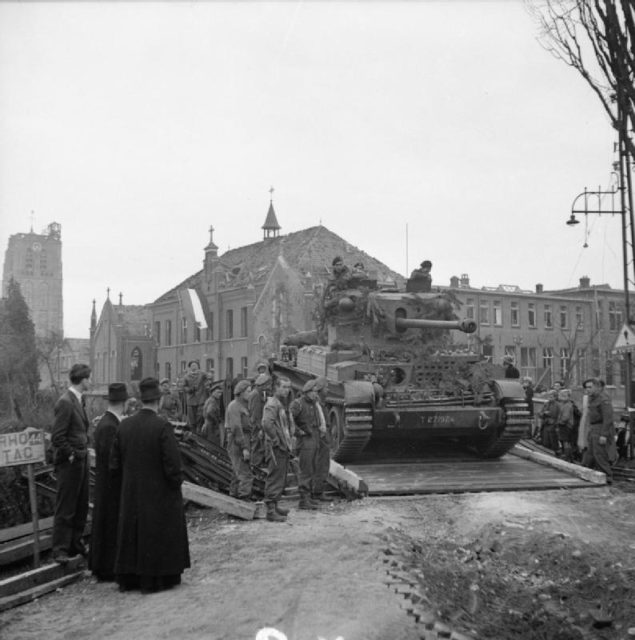 A Challenger tank crosses a Bailey bridge near Esch, Netherlands, October 27, 1944