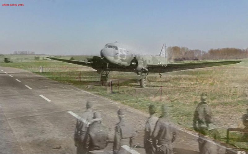 Shadows on the landscape:32d Troop Carrier Squadron Douglas C-47A-15-DK Skytrain 42-92862 taking off from Poix Airfield (B-44), France, during Operation Varsity, 1945 – 2015 / By Adam Surrey / Ghosts of Time