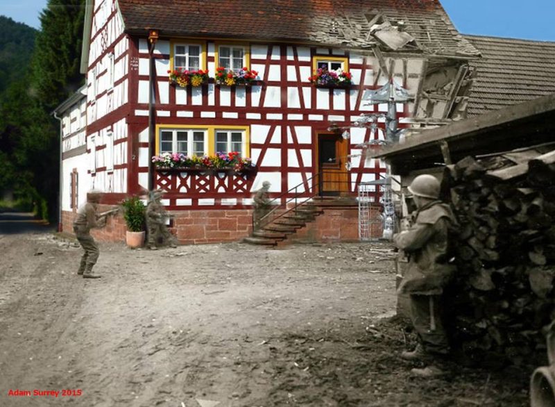 Approach with care:Counter-sniper team from the 180th Infantry Regiment, 45th Infantry Division, preparing to enter and clear a house in Bobenthal, Germany , 1944 – 2015 / By Adam Surrey / Ghosts of Time