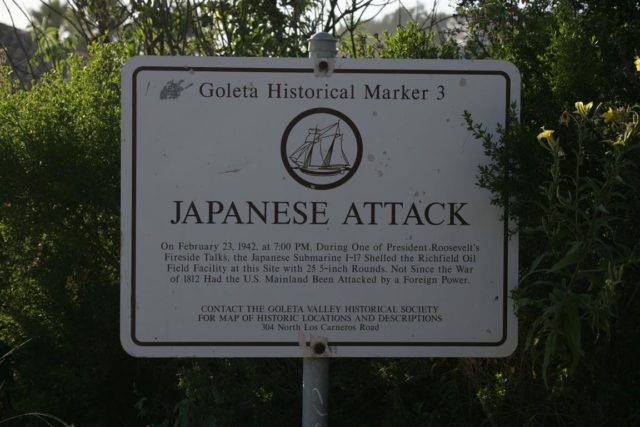 Goleta Valley Historical Society sign marking the spot where the I-17 attack took place. This marker is located within the grounds of the exclusive Bacara Resort and Spa. (photo by the author)