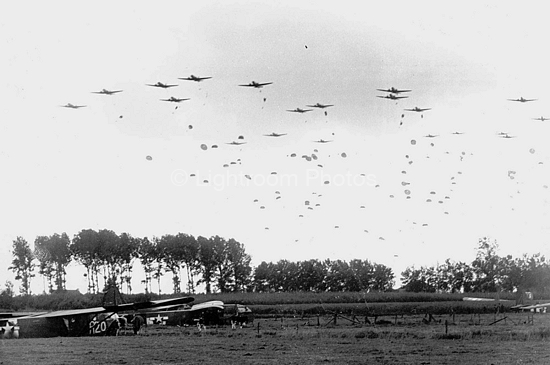 Men of the 82nd Airborne Division drop near Grave in the Netherlands during Operation Market Garden